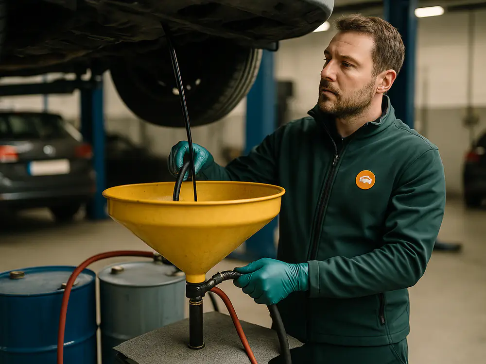 Monteur tapt motorolie af in een opvangtrechter met aparte vaten voor olie, koelvloeistof en remvloeistof