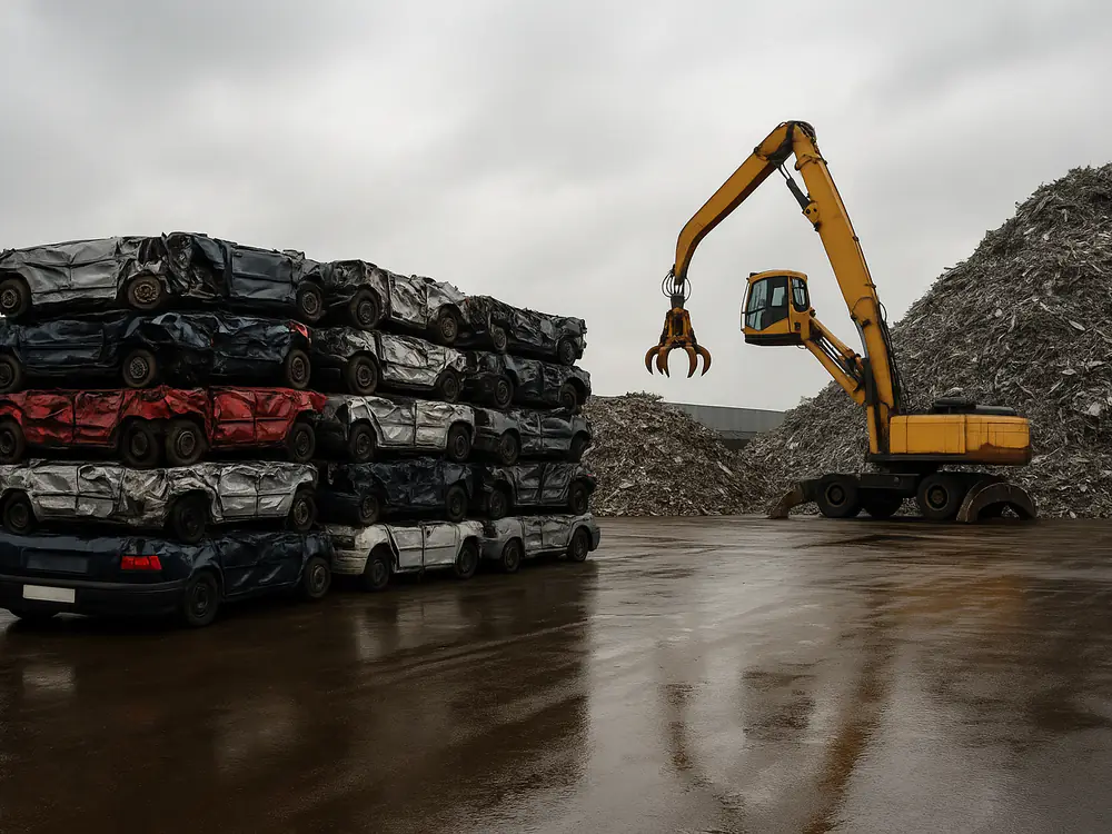 Geperste autowrakken en een berg geshredderd staal op een metaalrecyclingterrein