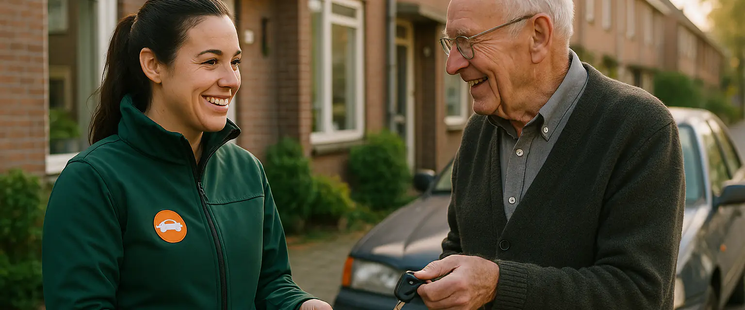 Medewerkster van Sloopautokopers neemt bij de voordeur de kentekencard en de autosleutel aan van een oudere man