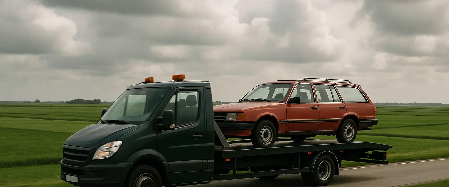 Groene oprijwagen van Sloopautokopers met een oude stationwagen op een dijkweg tussen de polders