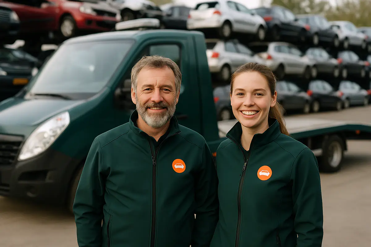 Twee medewerkers van Sloopautokopers in groene werkjassen bij de oprijwagen