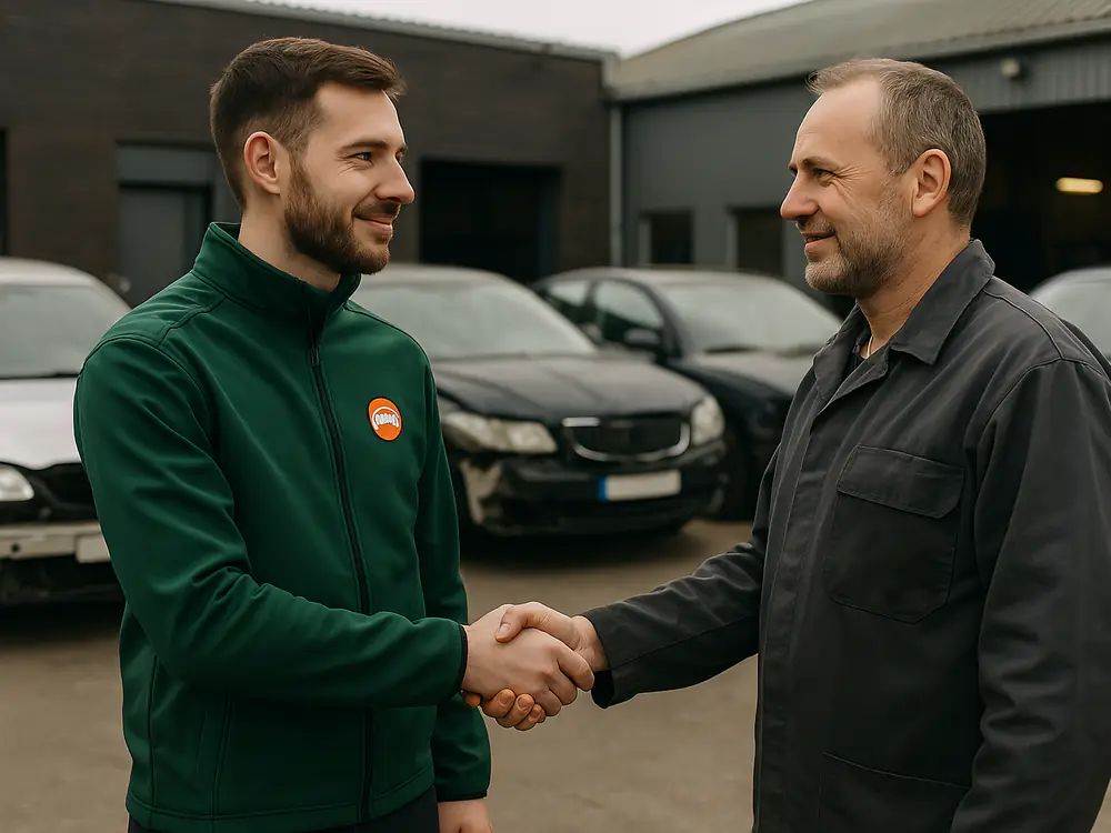 Medewerker van Sloopautokopers geeft een garagehouder een hand bij drie schadeauto's die opgehaald worden
