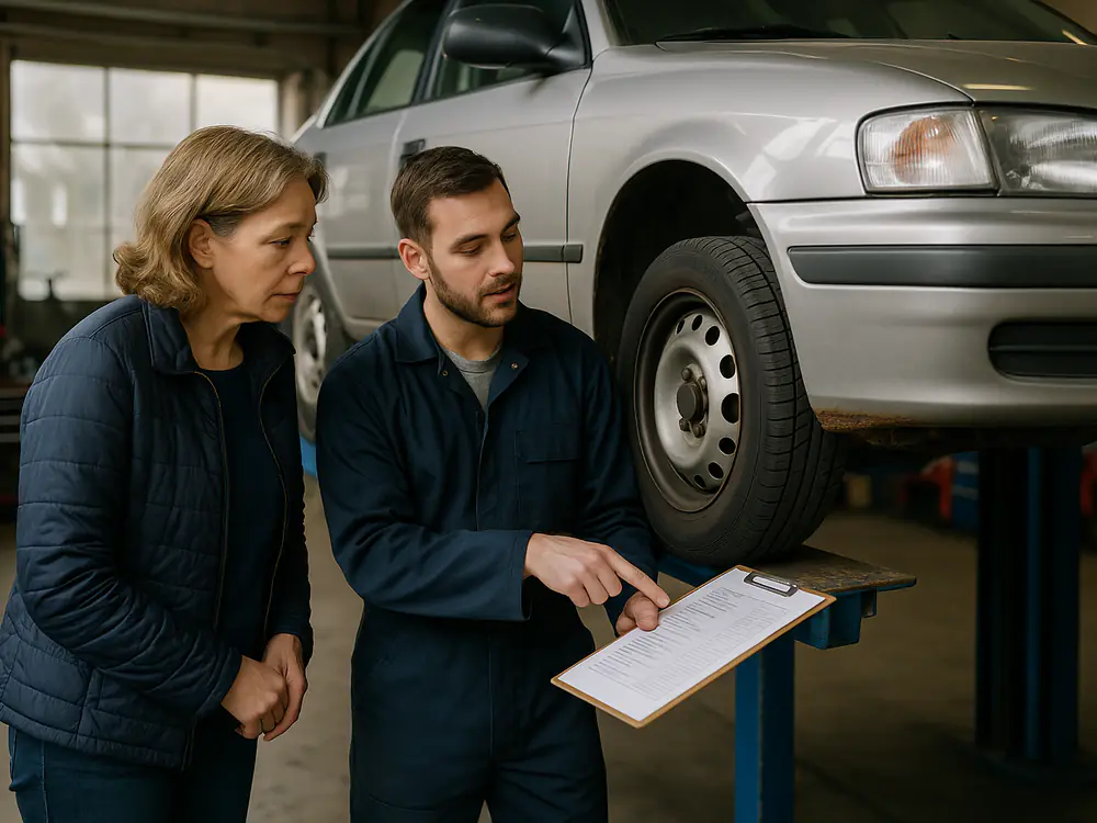 Monteur toont een eigenares de keuringslijst en wijst op een roestige dorpel onder haar auto