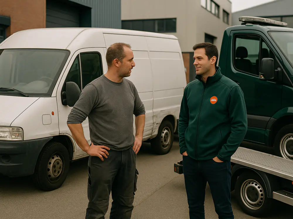 Oude witte bestelbus met deuken naast de oprijwagen op een klein bedrijventerrein