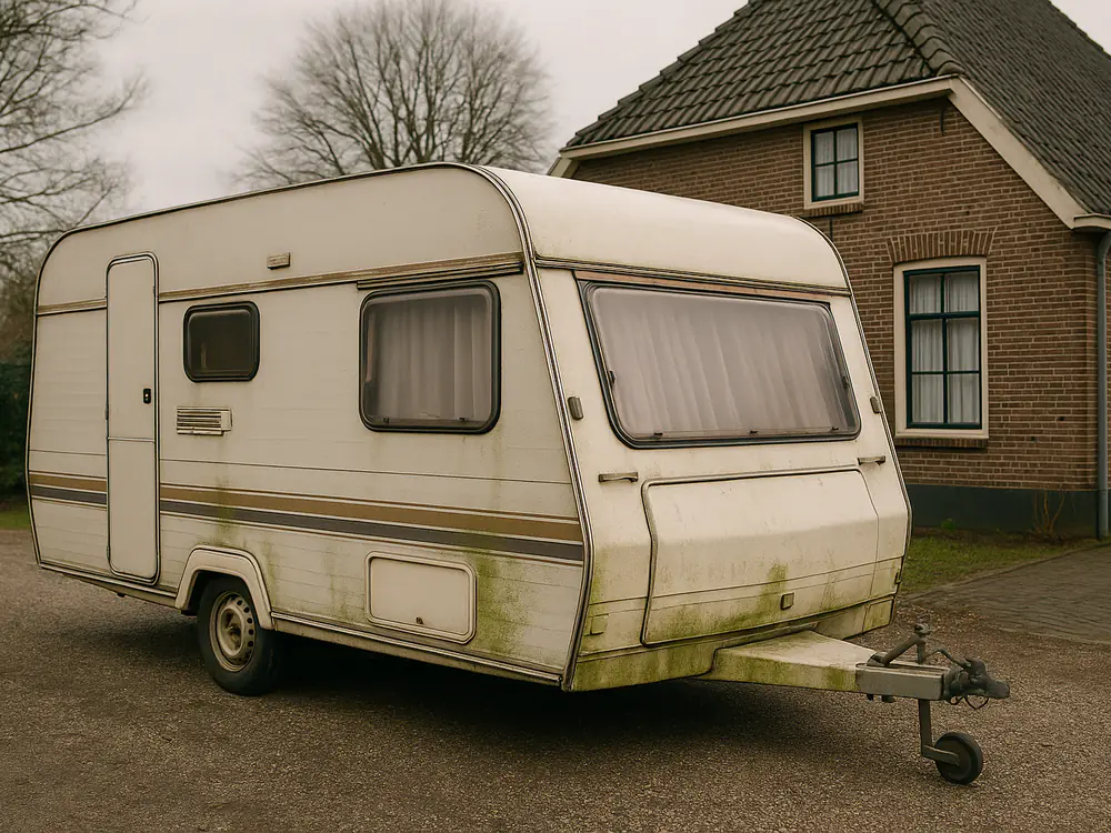 Oude crèmekleurige caravan uit de jaren negentig op een grindoprit naast een woning