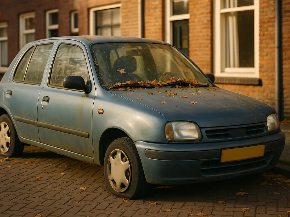 Klein oud autootje met een lekke band en mos op de rubbers, lang geparkeerd in een zijstraat