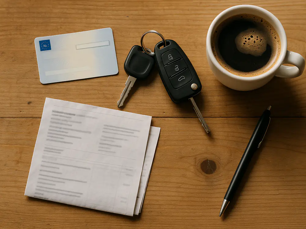 Kentekencard, twee autosleutels en een brief op een keukentafel, klaar voor de verkoop